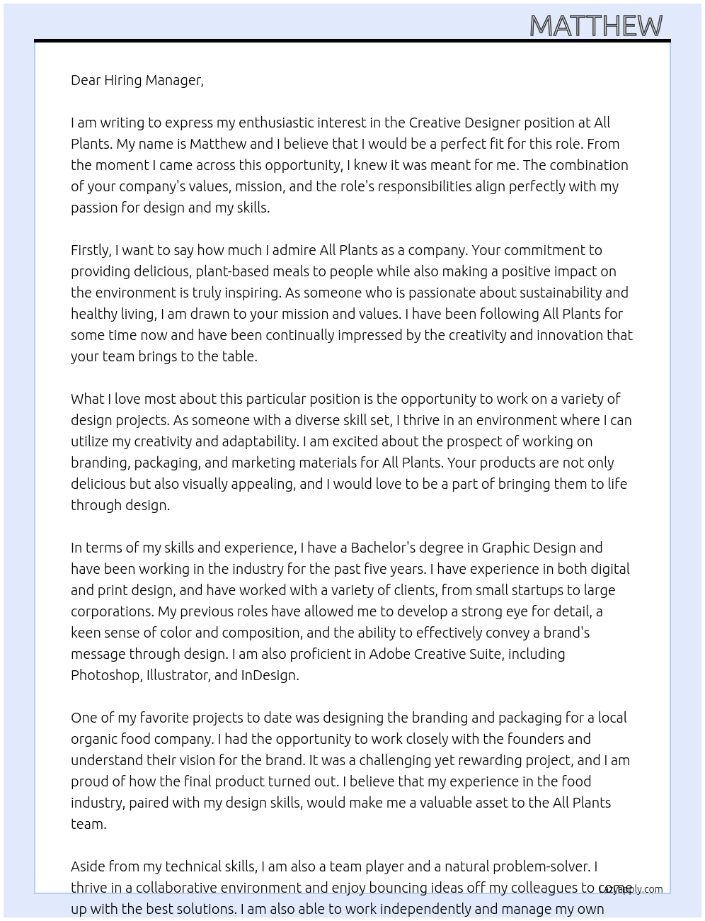 creative designer At All Plants Cover Letter