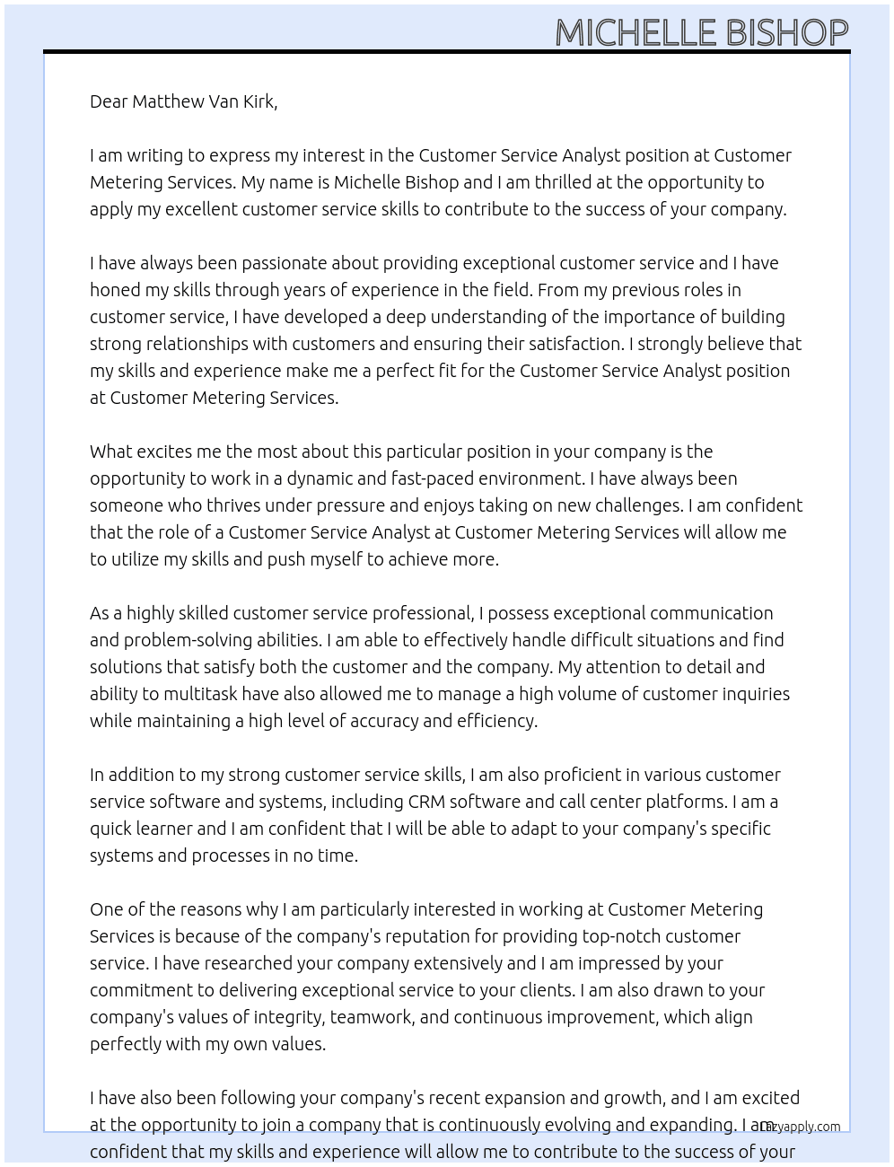 Customer Service Analyst At Customer Metering Services Cover Letter