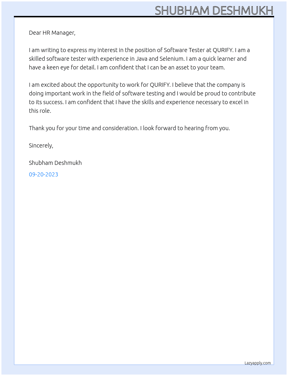 Software tester  At QURIFY Cover Letter