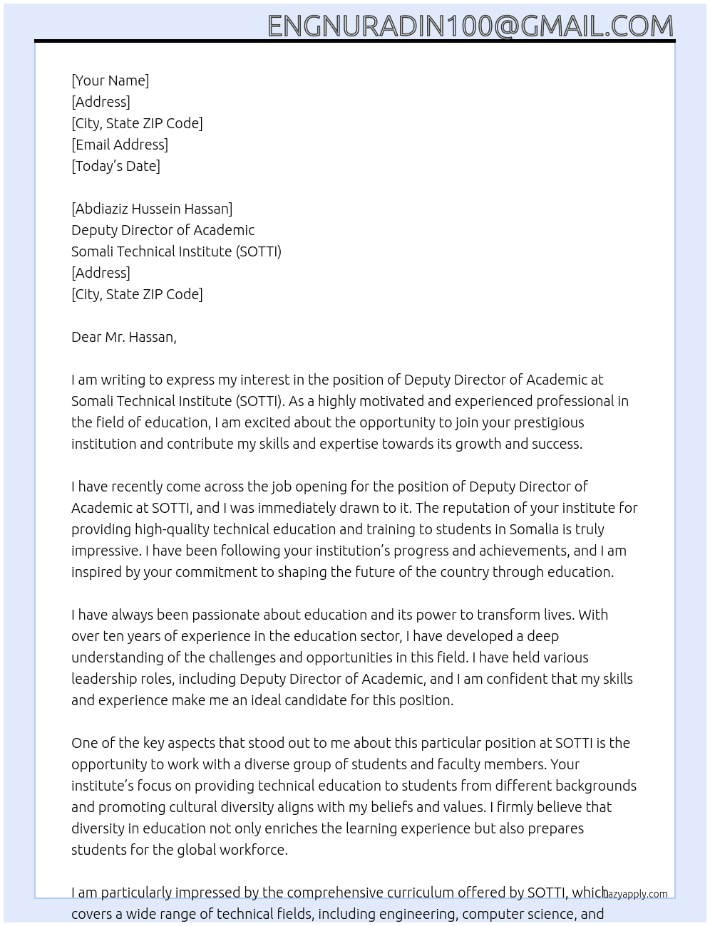 Deputy Director of Academic at Somali Technical Institute (SOTTI). At Somali Tecnical Institute Cover Letter