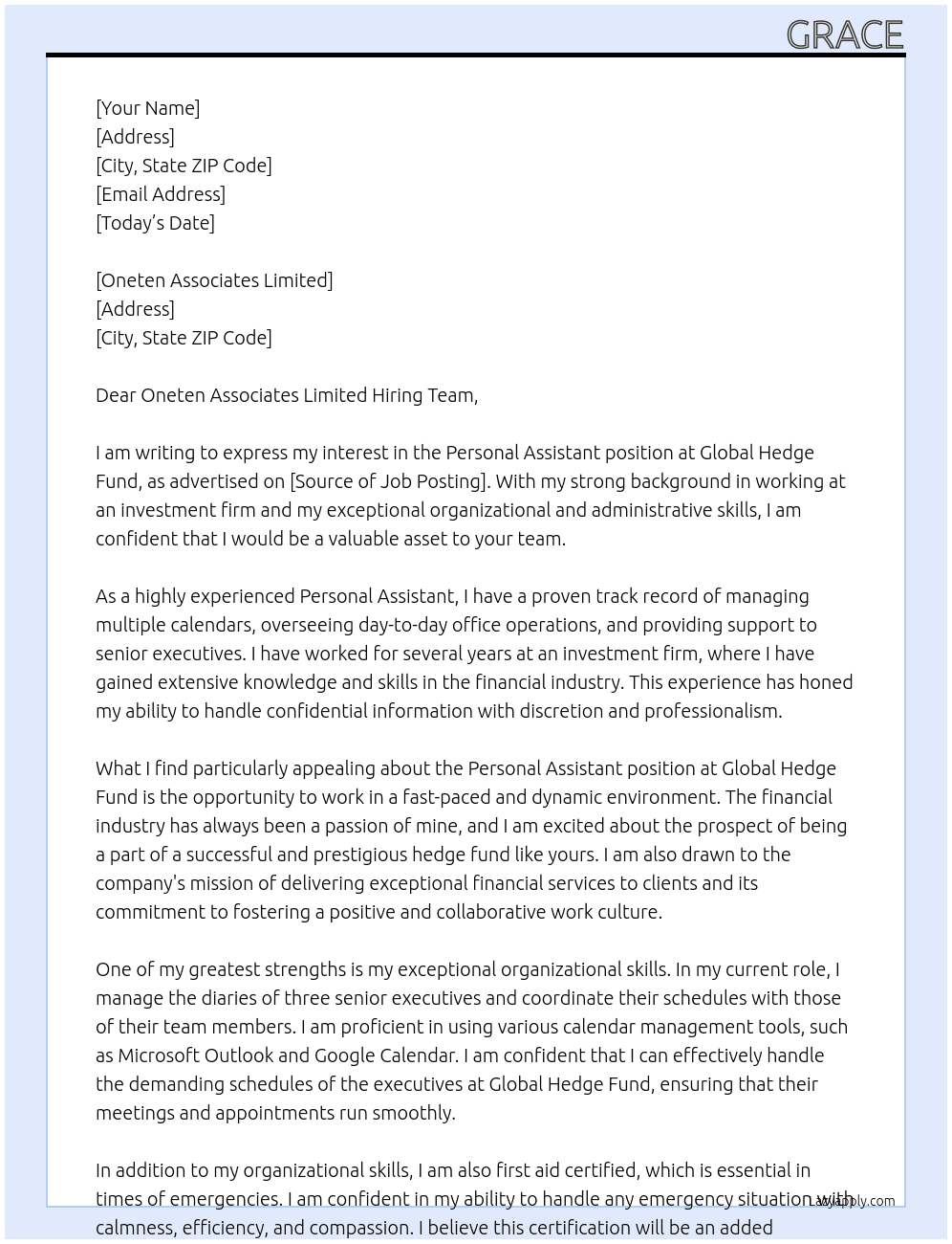 Personal Assistant At Global Hedge Fund Cover Letter