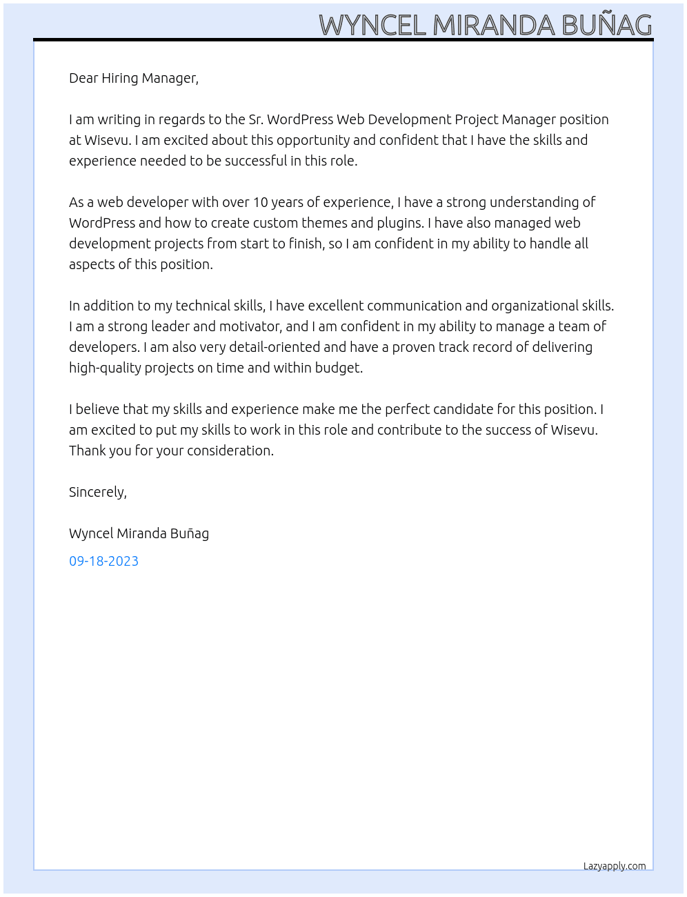 Sr. WordPress Web Development Project Manager At Wisevu Cover Letter