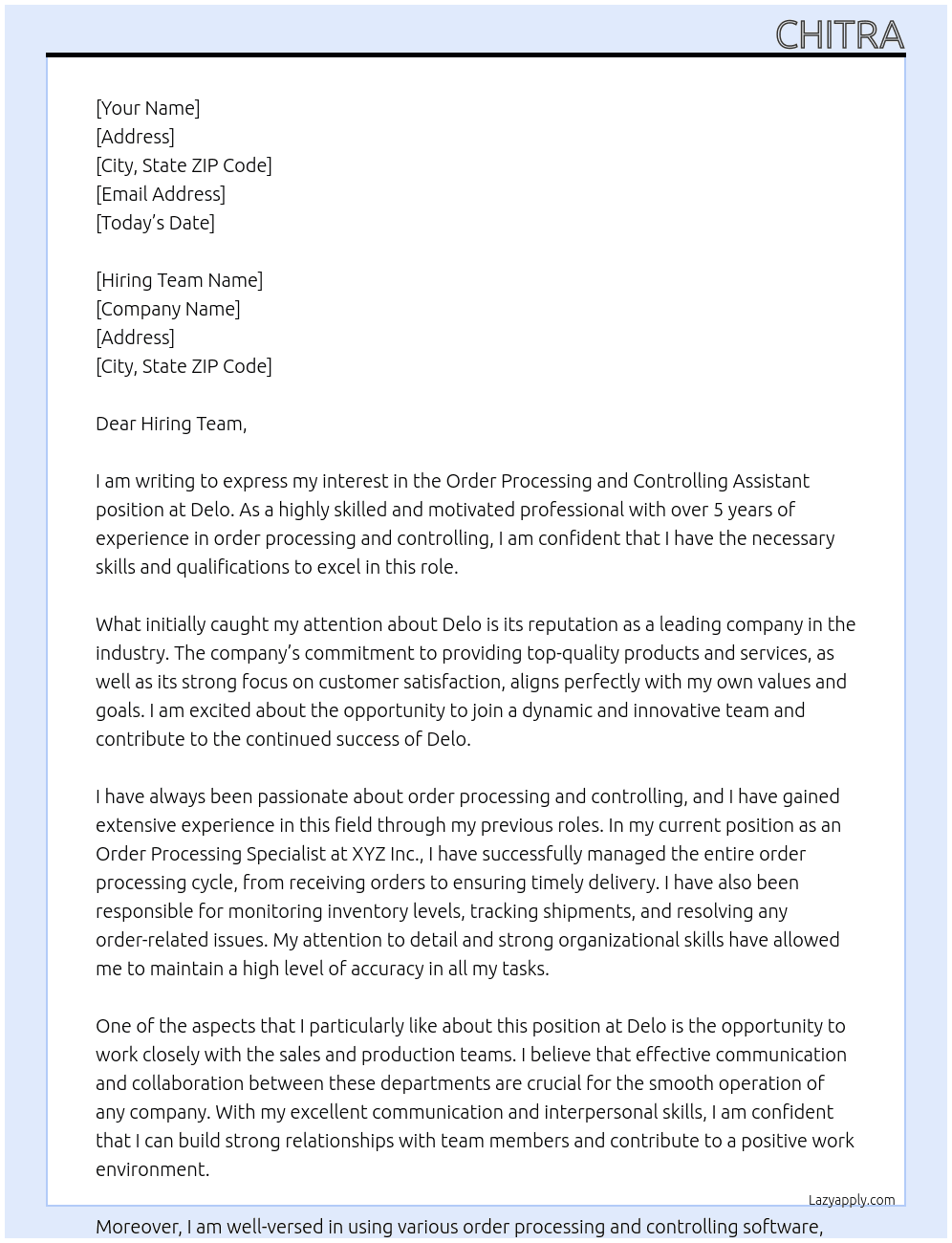Order processing and controlling assistant At Delo Cover Letter