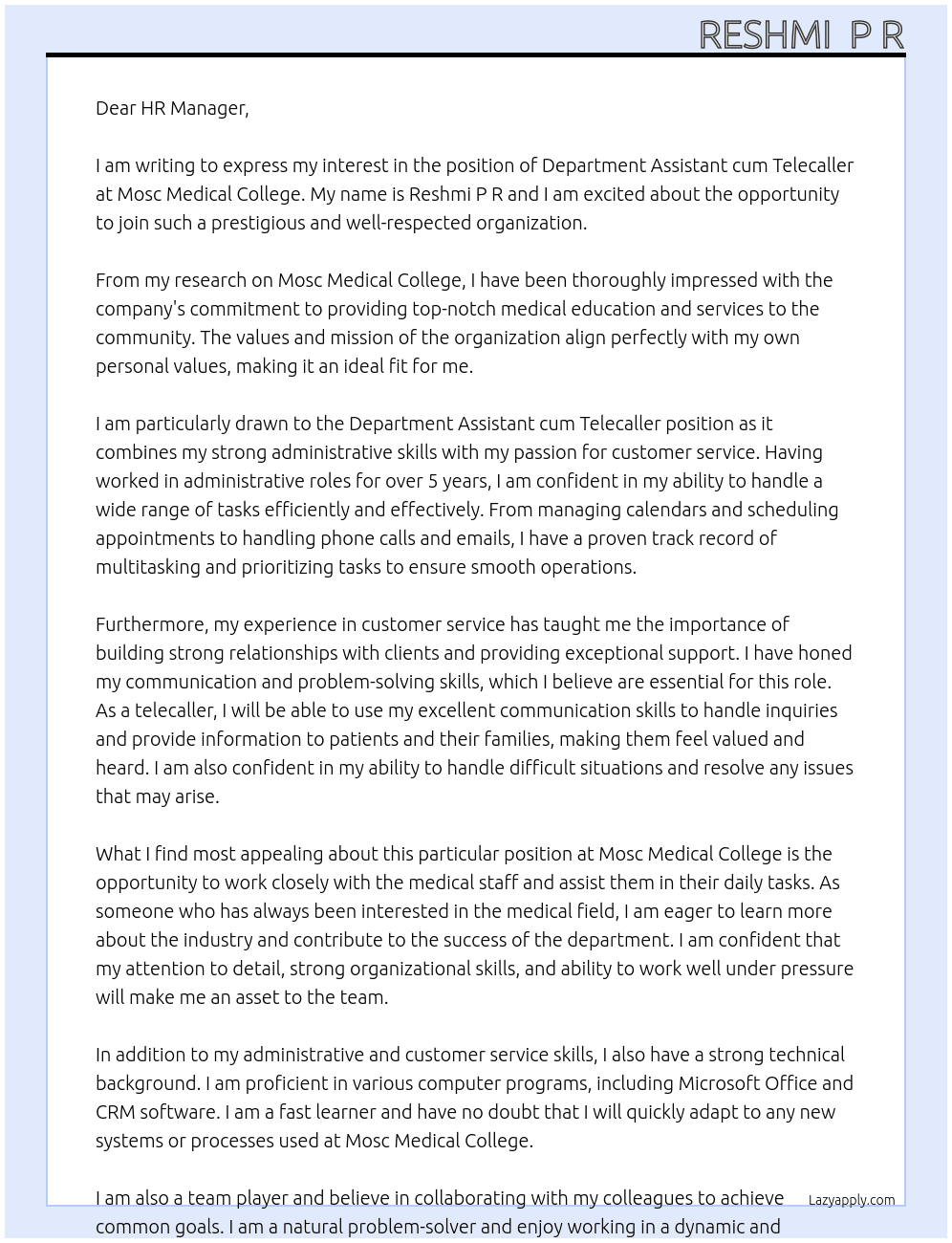 Department assistant cum telecaller At Mosc medical collegr Cover Letter