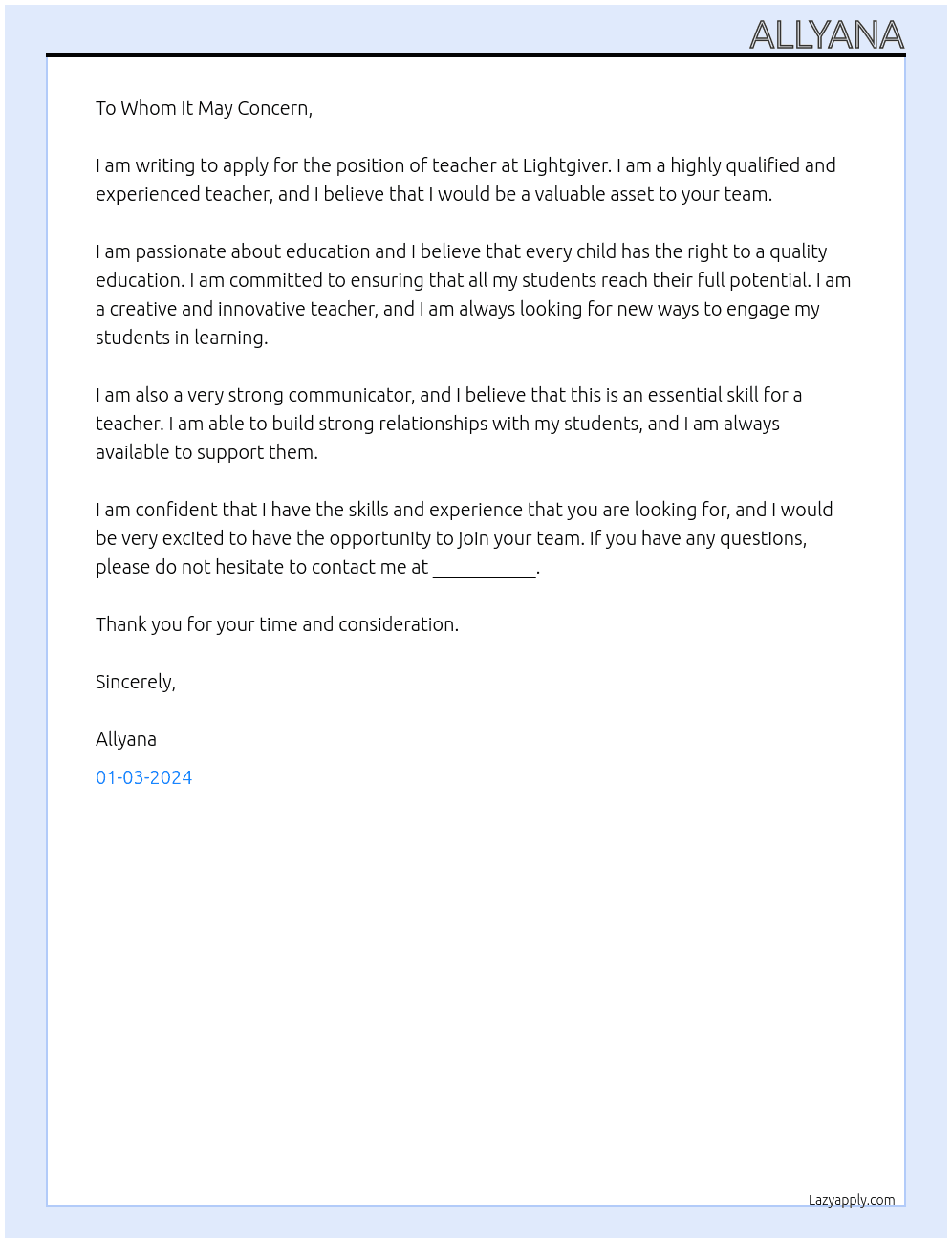 teacher At lightgiver Cover Letter