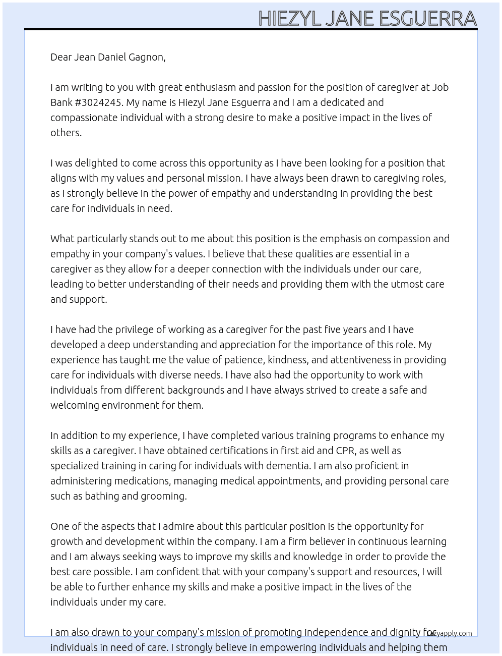 caregiver  At Job Bank #3024245 Cover Letter