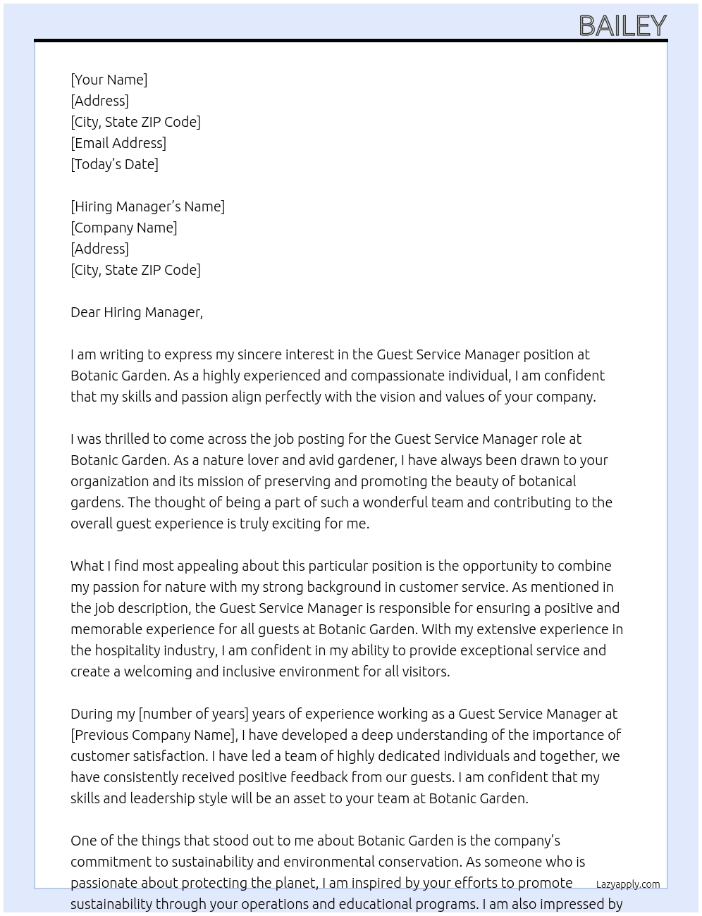 Guest Service Manager At Botanic Garden Cover Letter