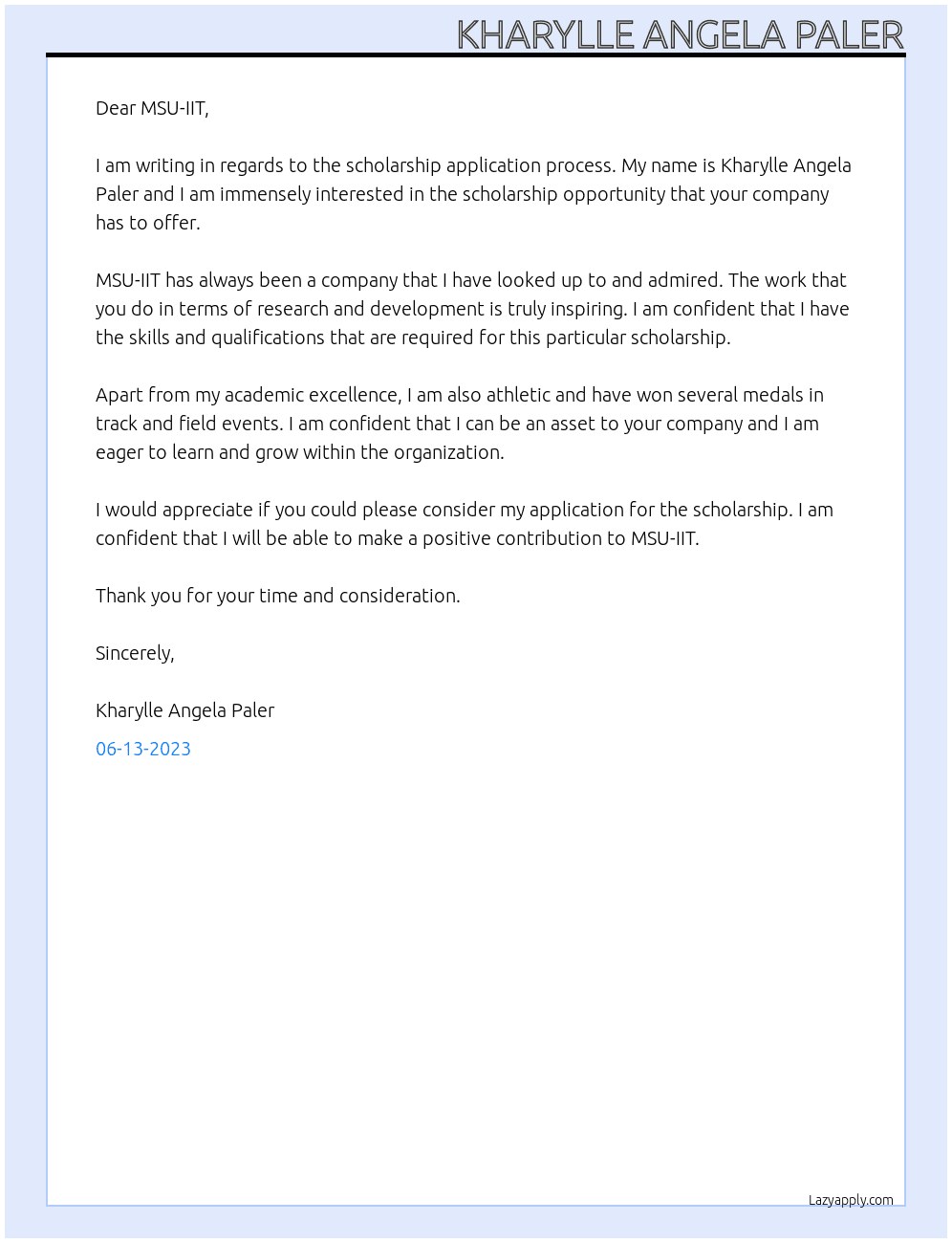 scholarship application At MAU-IIT Cover Letter