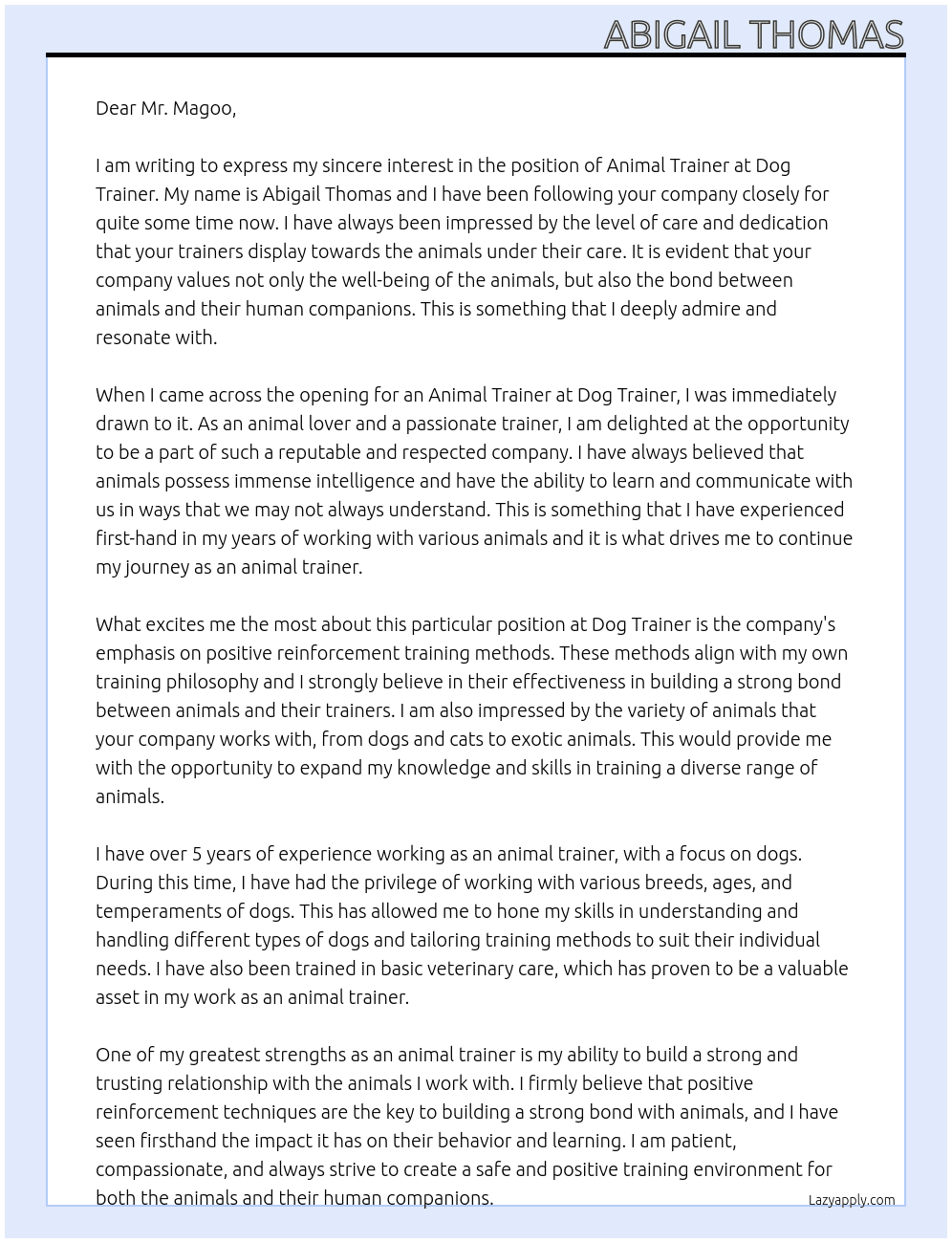 Animal trainer At Dog trainer  Cover Letter