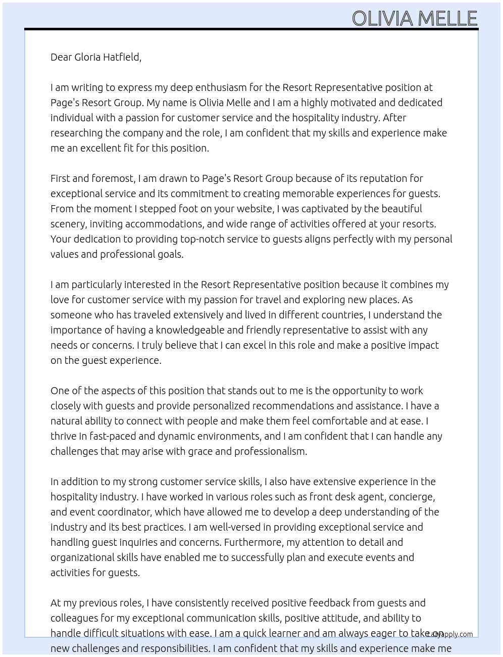 Resort Representative At Page's Resort Group Cover Letter