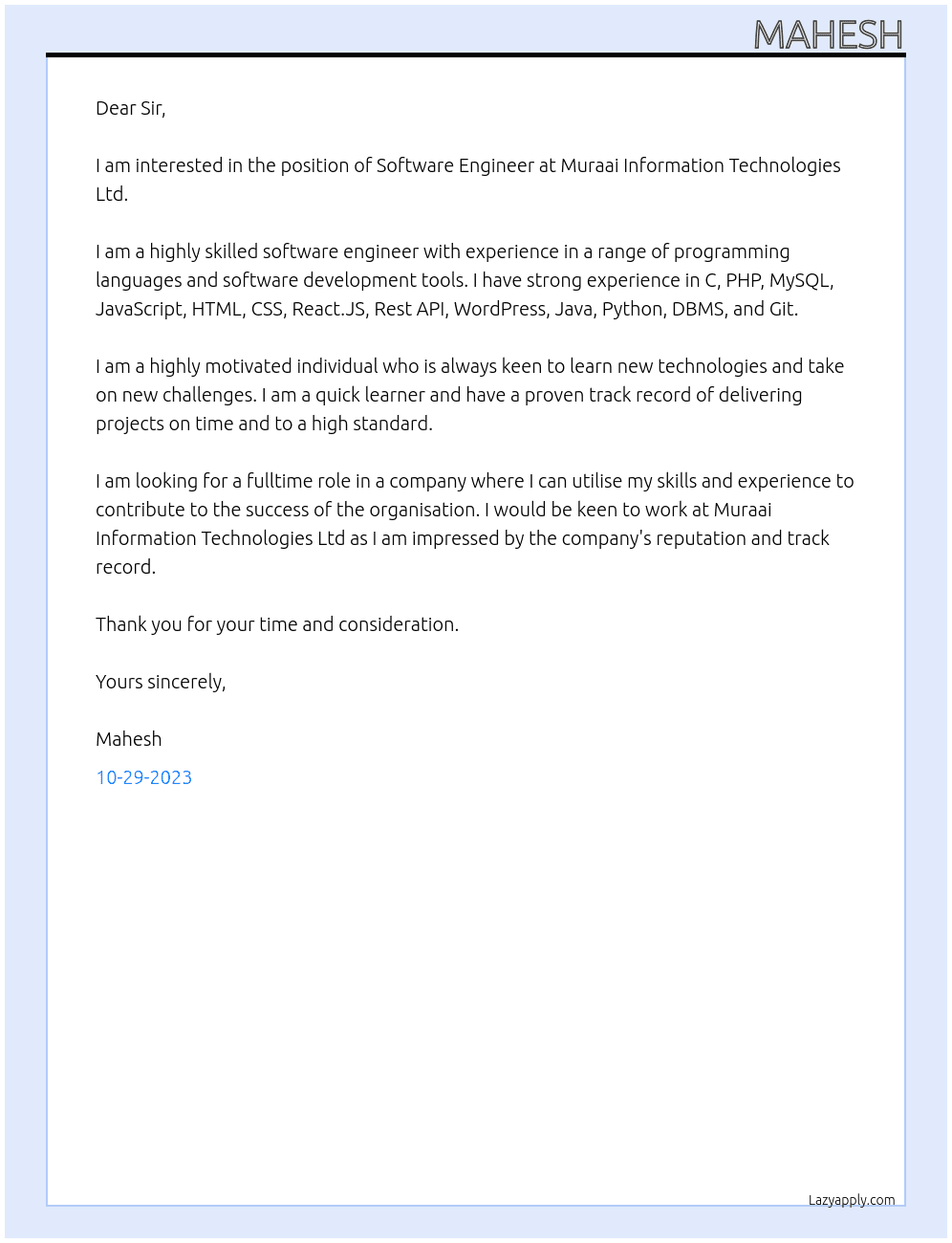 Software Engineer At Muraai Information Technologies Ltd Cover Letter