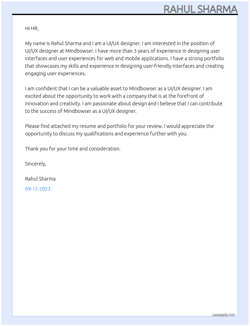 ui/ux designer At Mindbowser Cover Letter