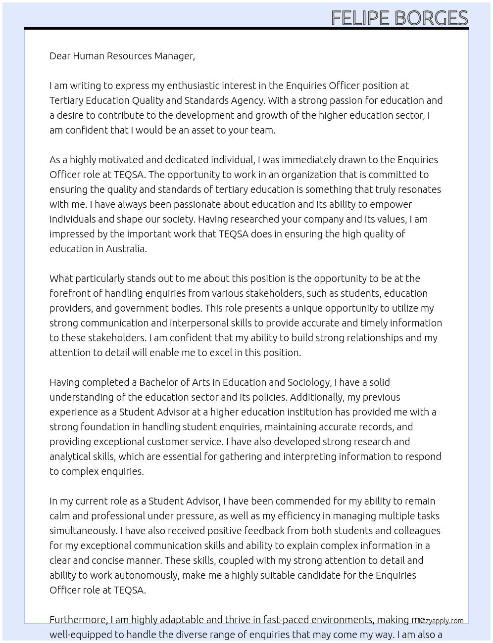 Enquiries Officer At Tertiary Education Quality and Standards Agency Cover Letter