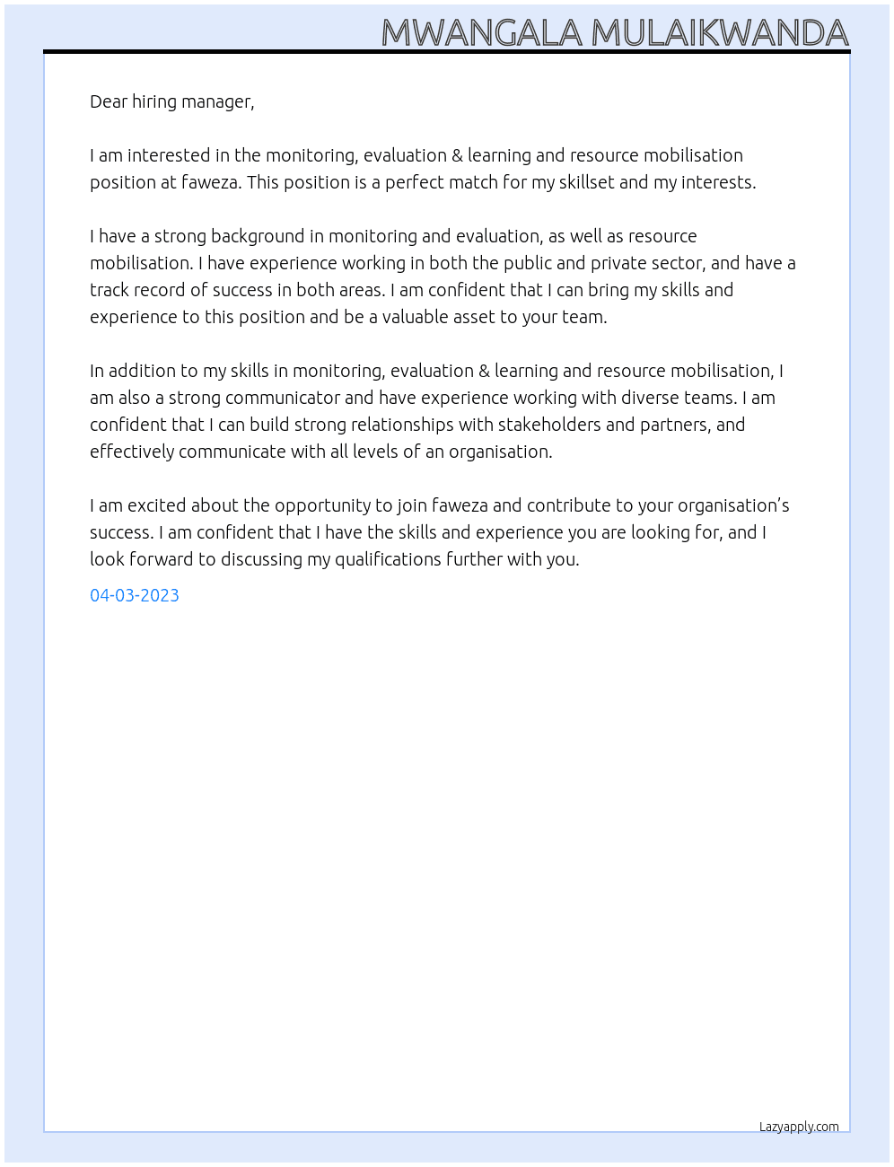 monitoring, evaluation & learning and resource mobilisation At faweza Cover Letter