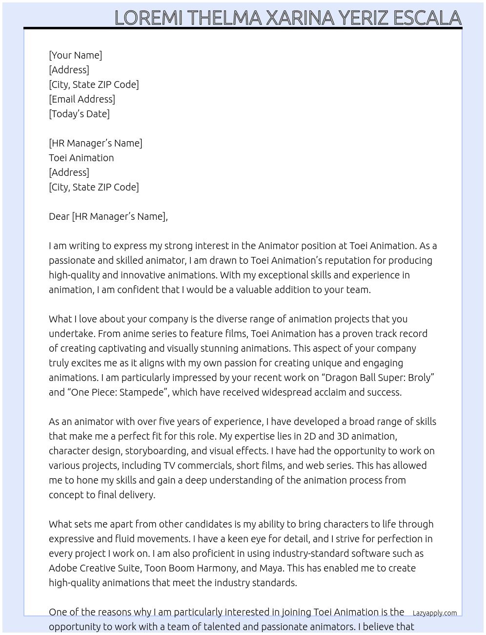 Animator  At Toei Animation  Cover Letter