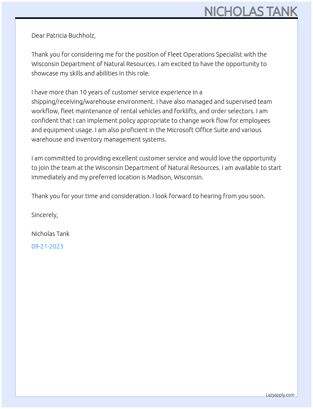 Fleet Operations Specialist At Wisconsin Department of Natural Resources Cover Letter