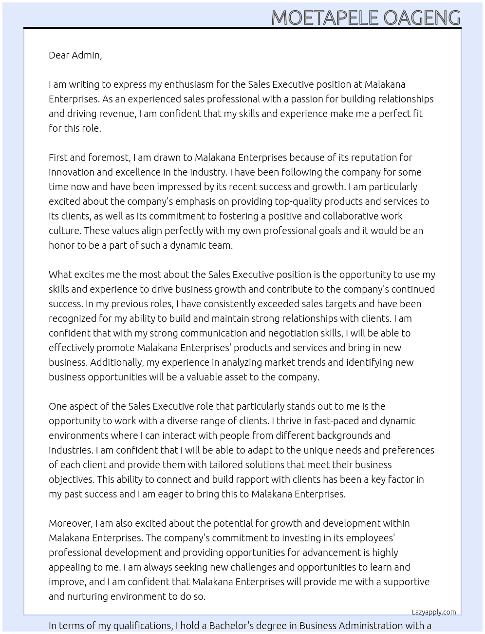 sales executive  At Malakana Enterprises  Cover Letter