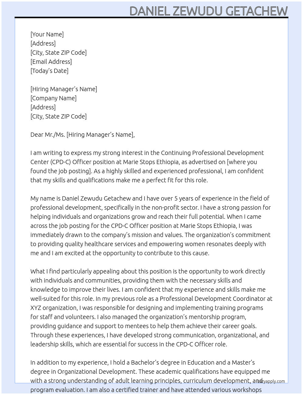 Continuing Professional Development Center (CPD-C) Officer At Marie stops Ethiopia Cover Letter