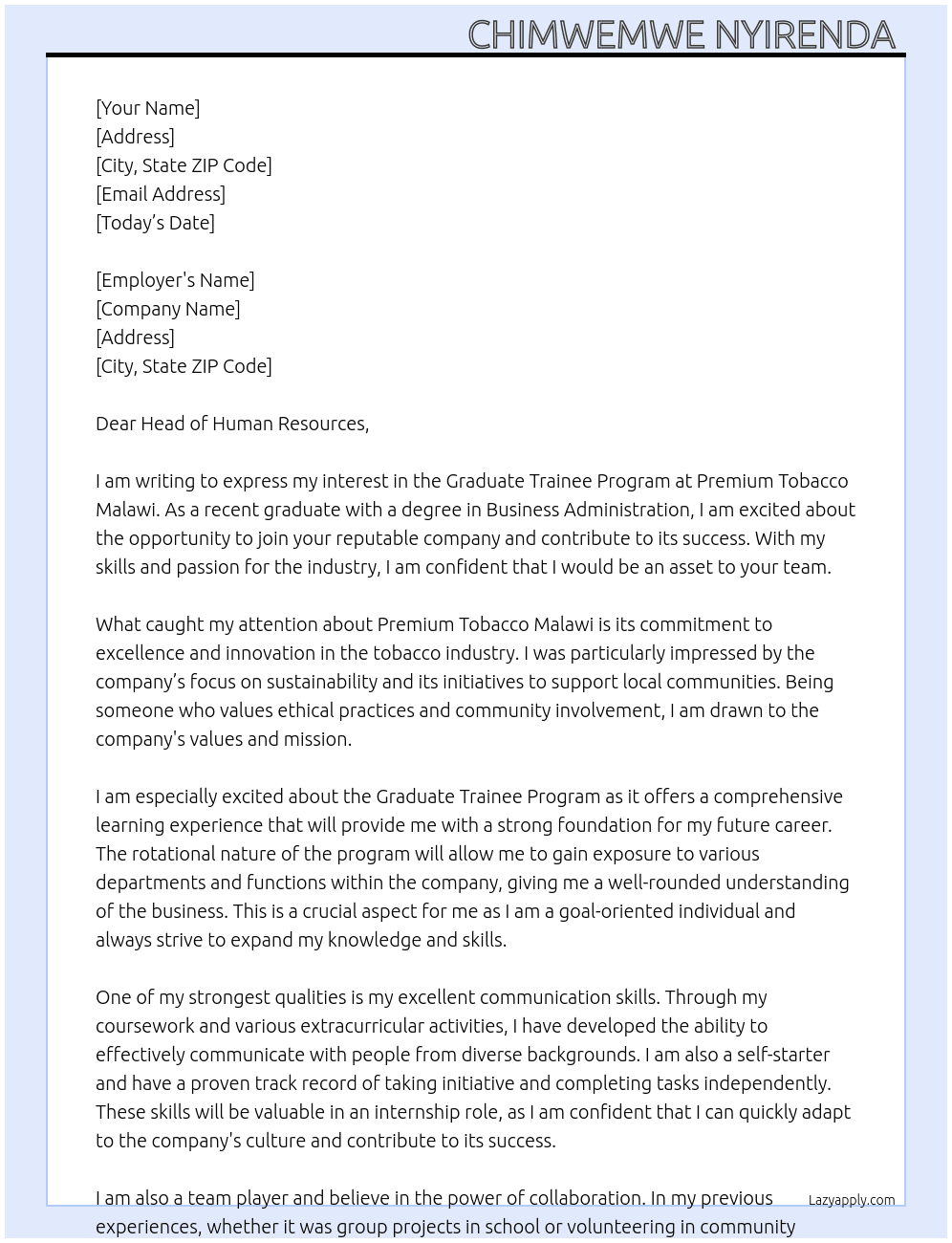 Graduate trainee program  At Premium Tobacco Malawi  Cover Letter