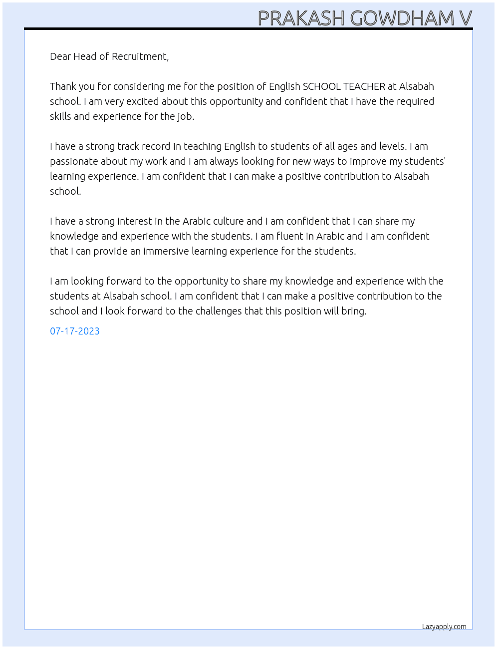 English SCHOOL TEACHER At Alsabah school Cover Letter