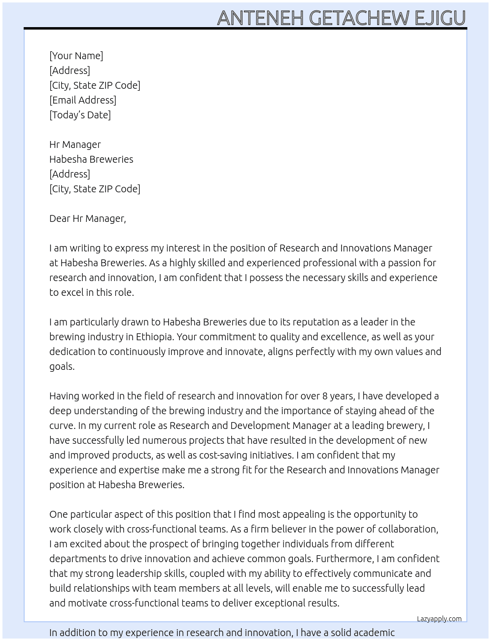 Research and Innovations Manager At Habesha Breweries Cover Letter