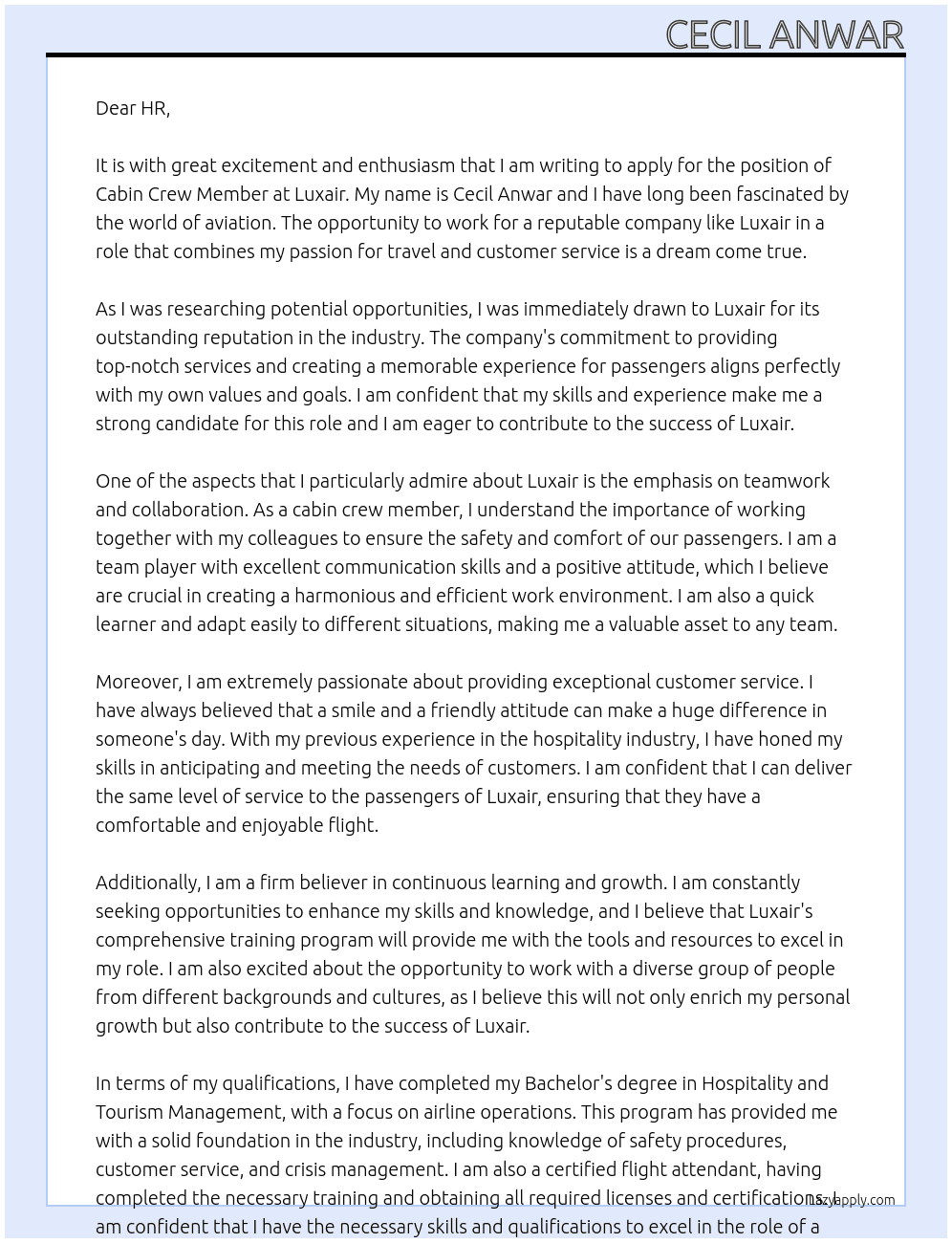 Cabin Crew Member At Luxair Cover Letter