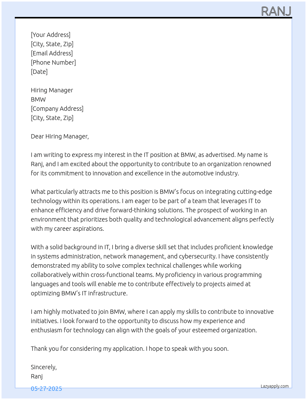 IT At BMW Cover Letter