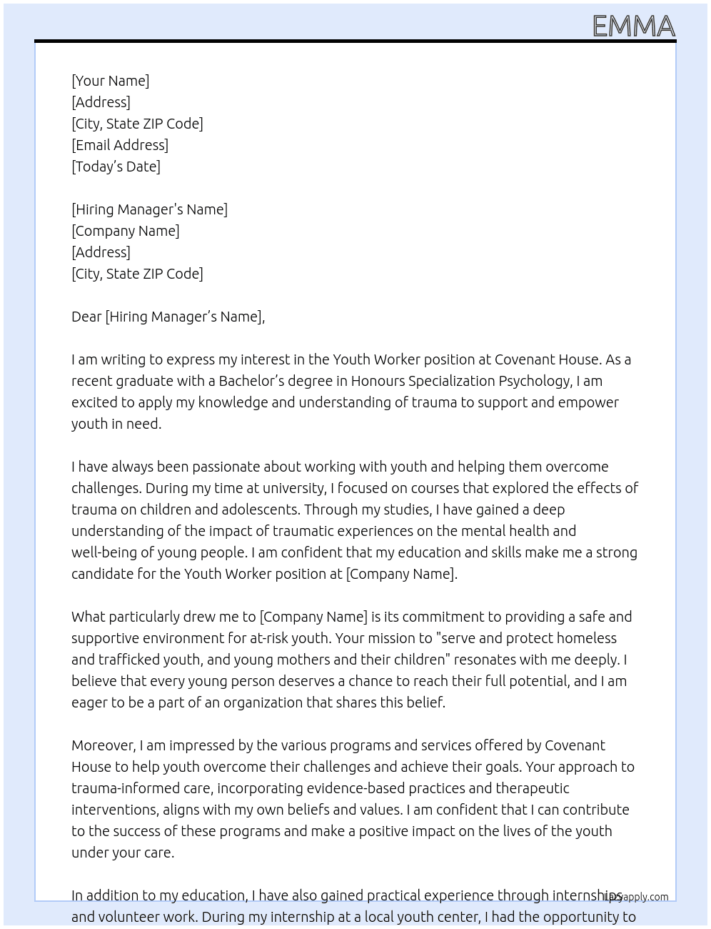 youth worker At covenant house Cover Letter