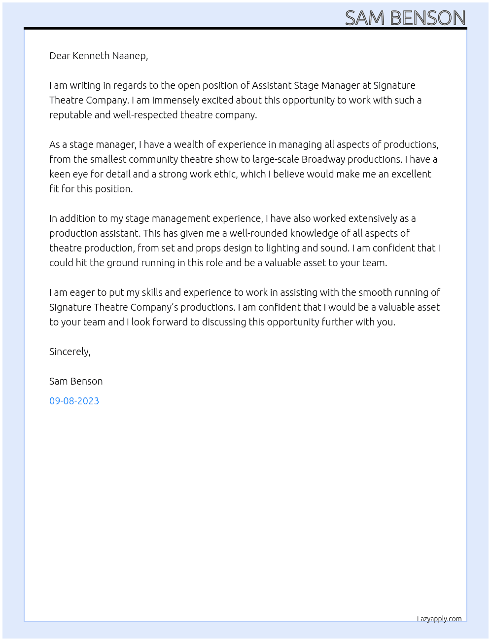 Assistant Stage Manager  At Signature Theatre Company Cover Letter