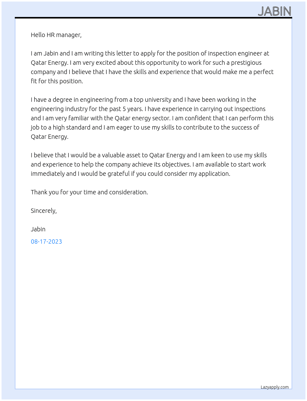 Inspection engineer At Qatar Energy Cover Letter