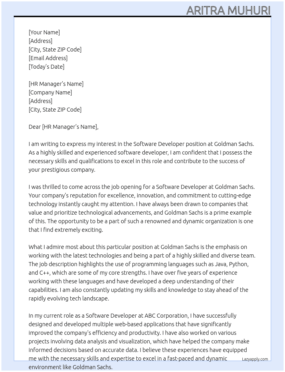 Software Developer At Goldman Sachas Cover Letter
