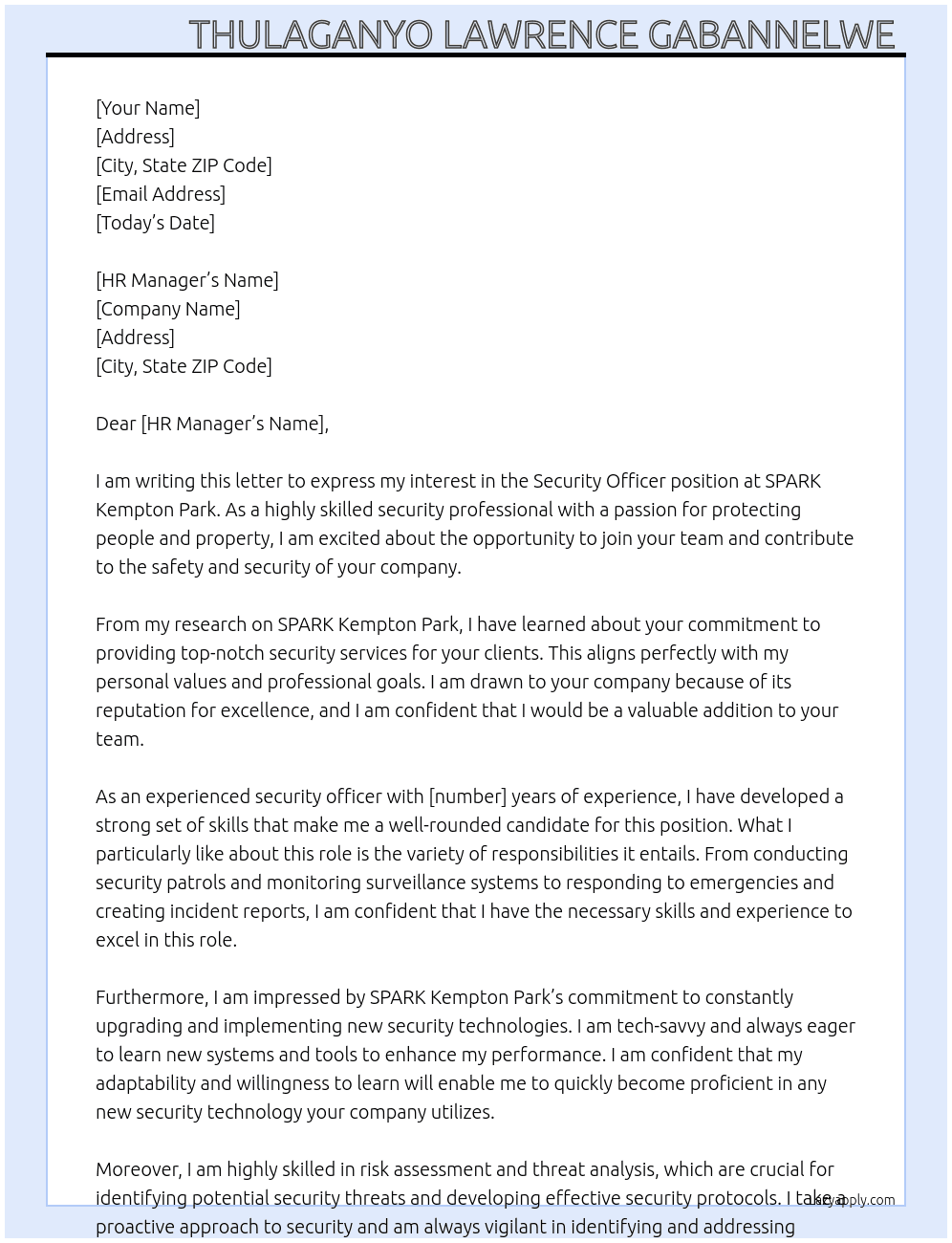 Security Officer  At SPARK Kempton Park Cover Letter