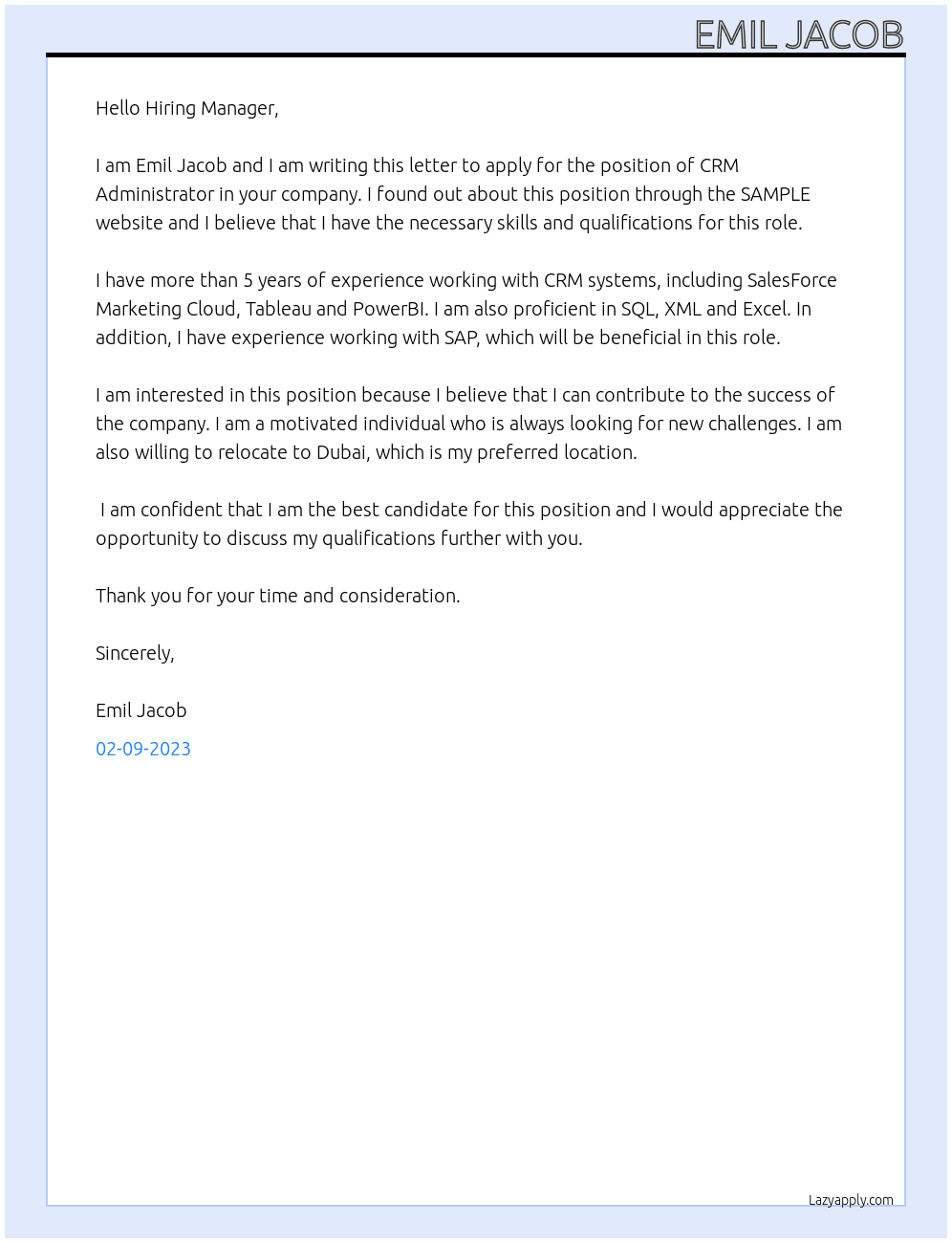 CRM Administrator At SAMPLE Cover Letter
