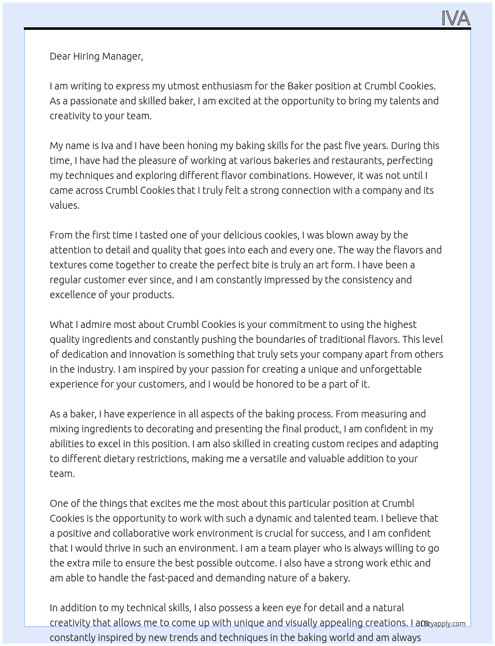 Baker At Crumbl Cookies Cover Letter