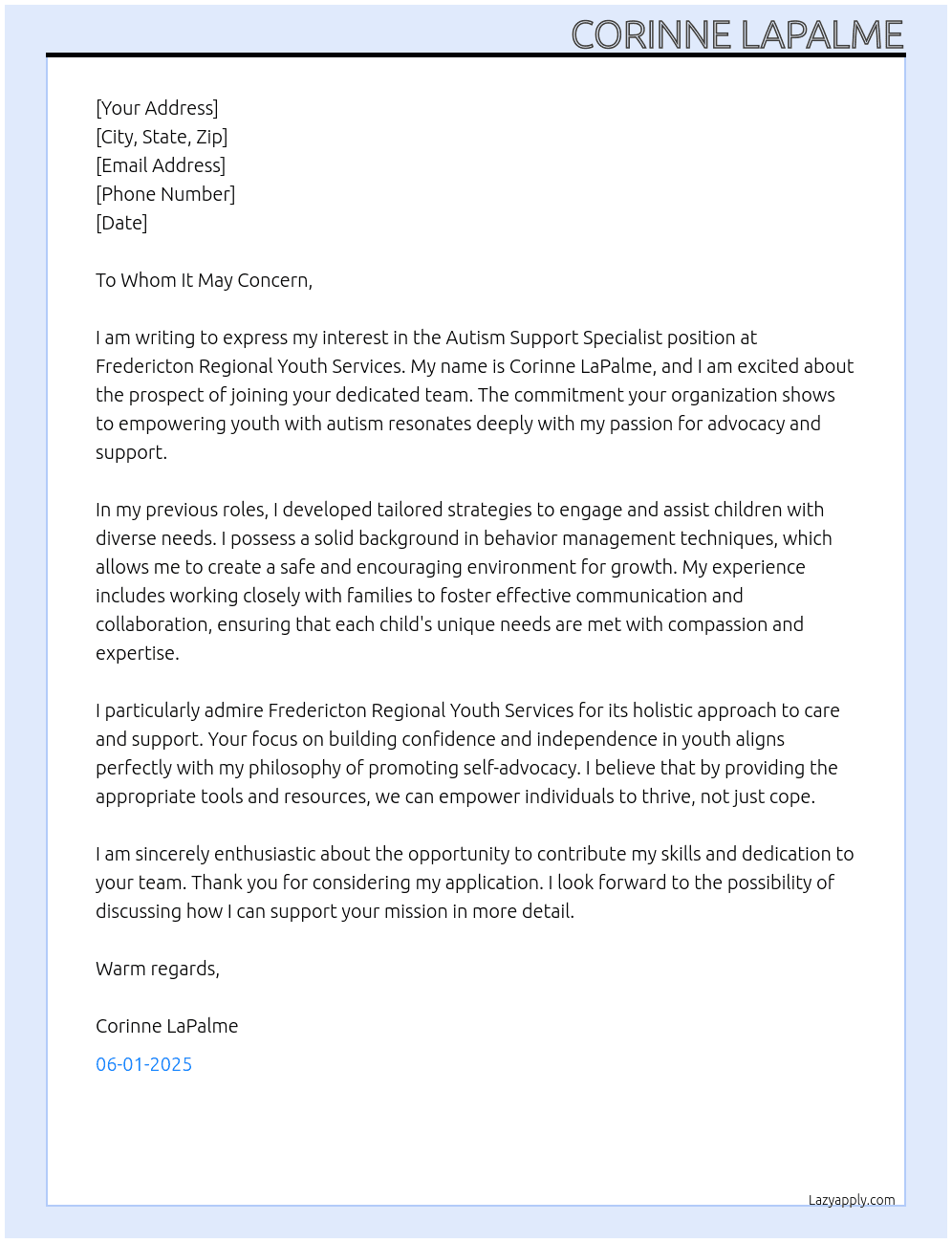 Autism Support Specialist At Fredericton Regional Youth Services Cover Letter