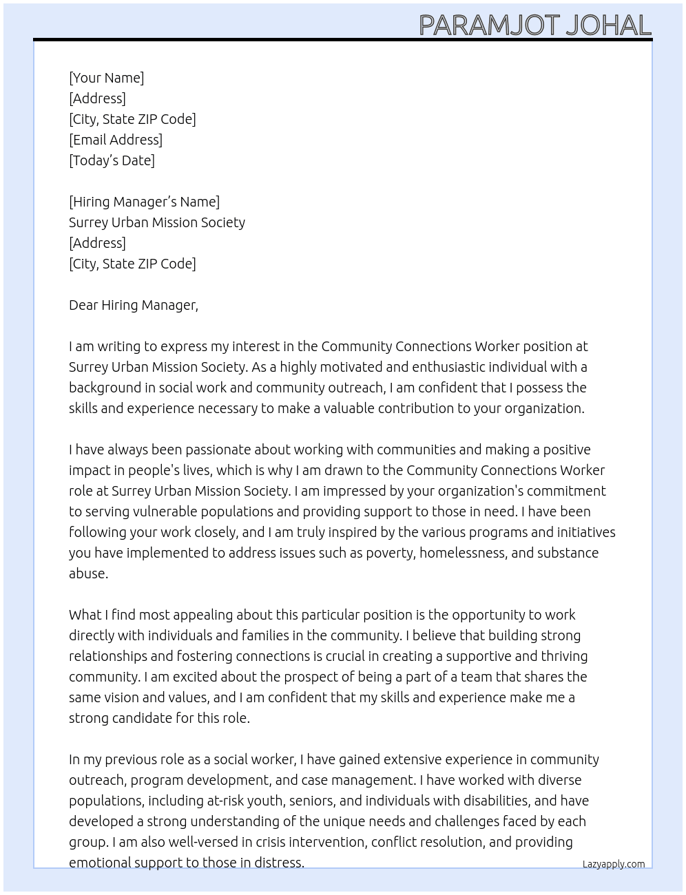 Community Connections Worker At Surrey Urban Mission Society Cover Letter