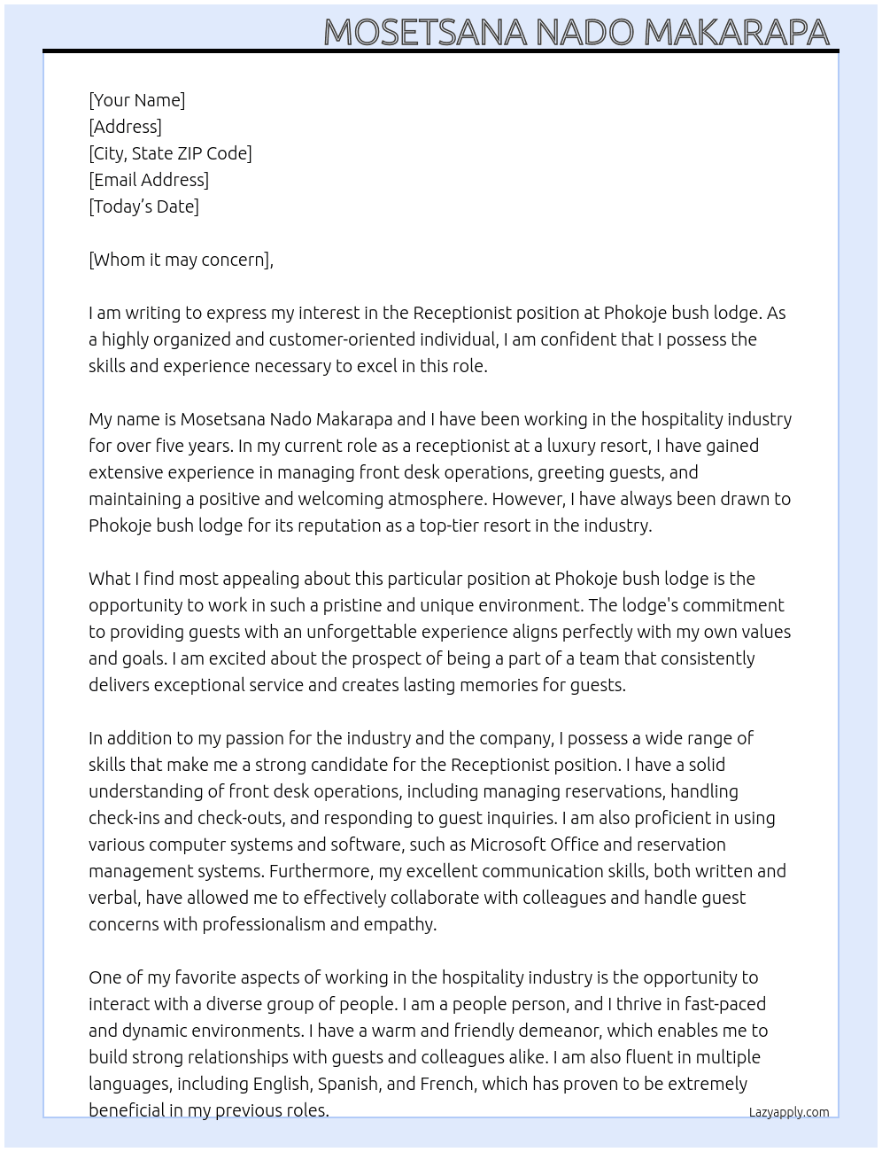 Receptionist  At Phokoje bush lodge Cover Letter