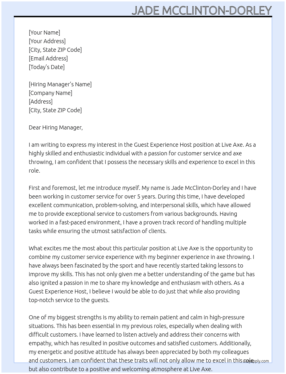 Guest Experience Host At Live Axe Cover Letter