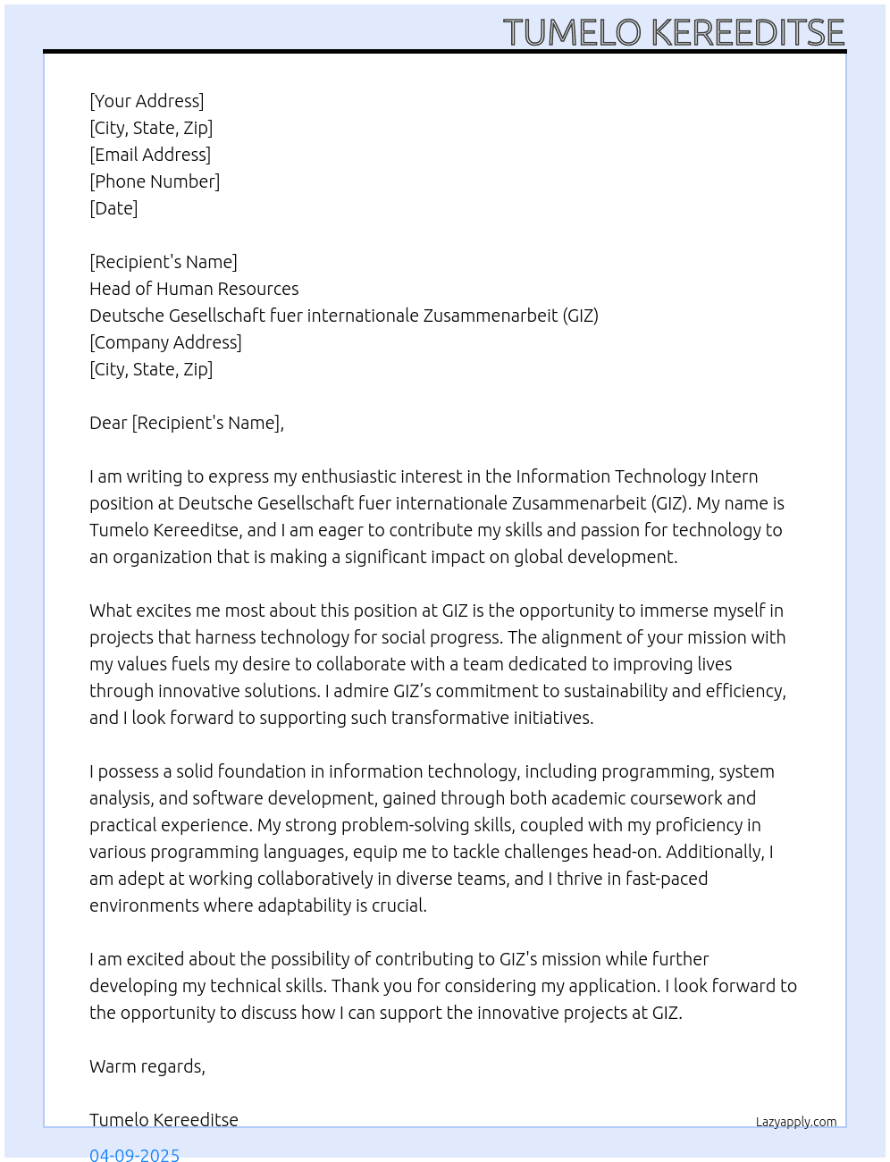 Information Technology Intern At Deutsche Gesellschaft fuer internationale Zusammenarbeit (GIZ) Cover Letter
