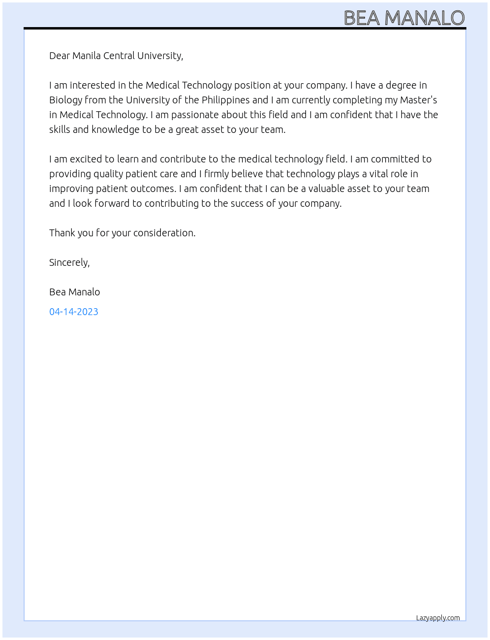 Medical Technology At Manila Central University Cover Letter
