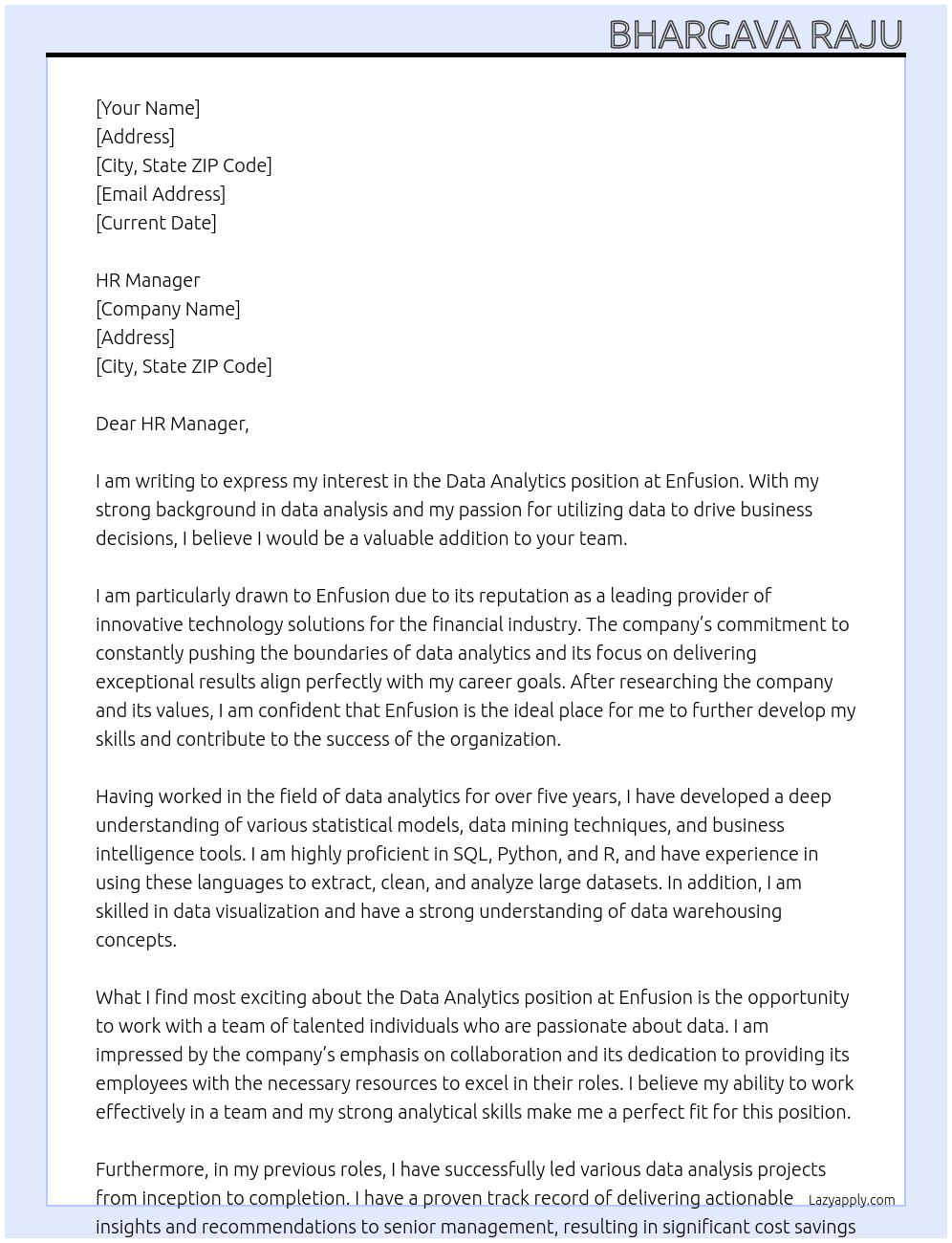 Data analytics At enfusion Cover Letter