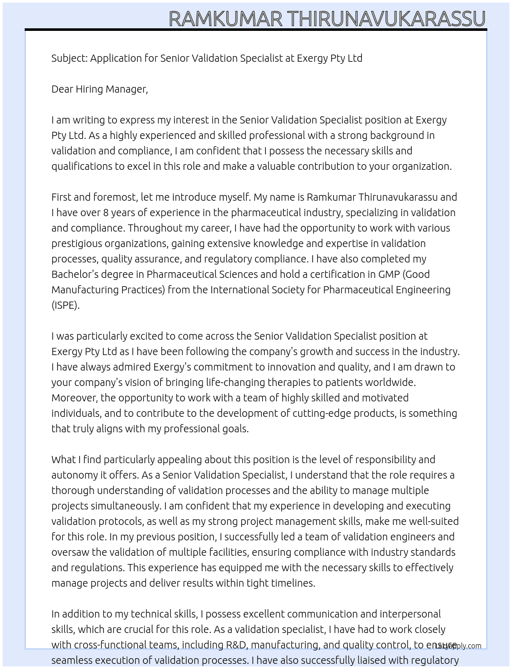 Senior Validation Specialist At Exergy Pty Ltd Cover Letter