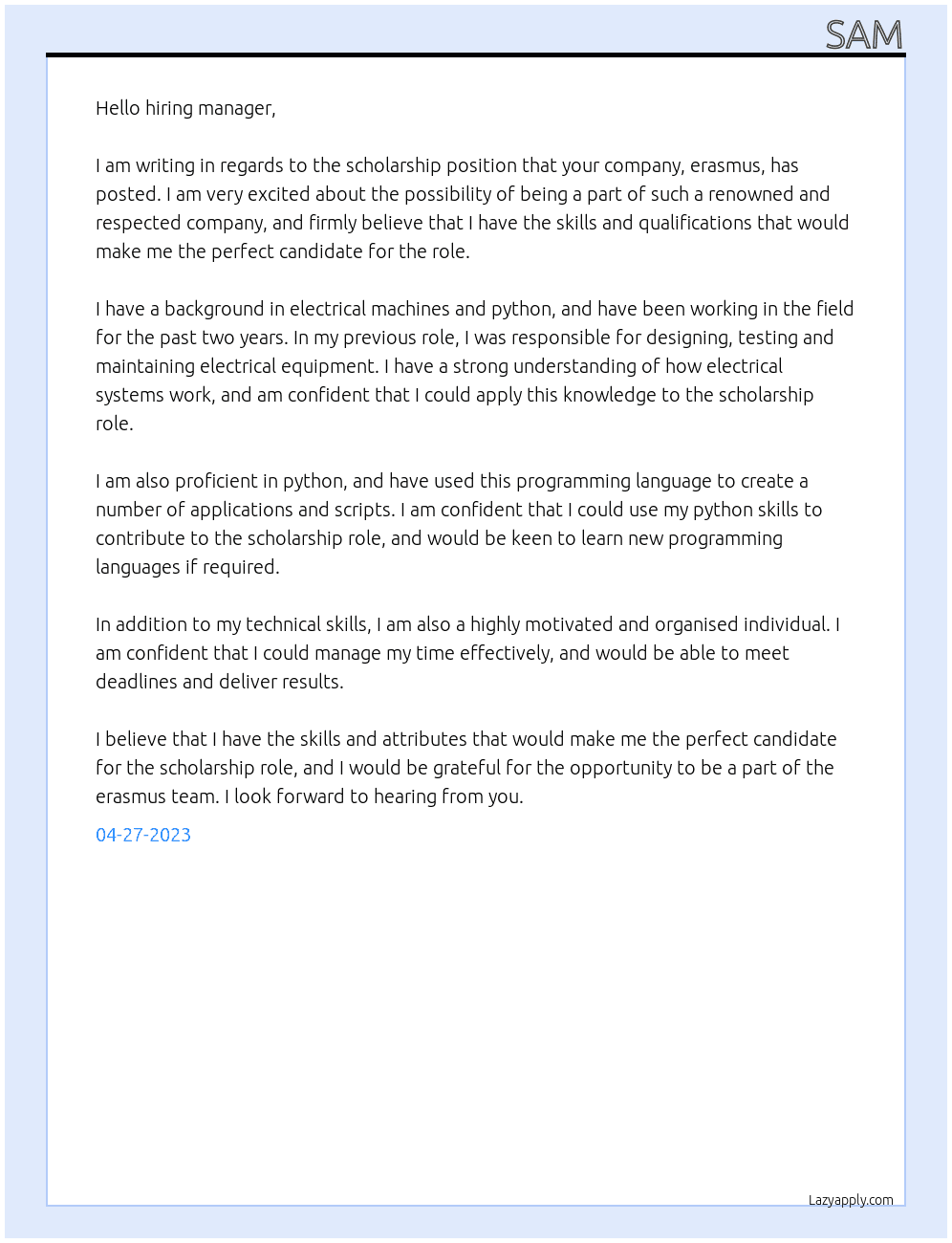 scolarship At erasmus  Cover Letter