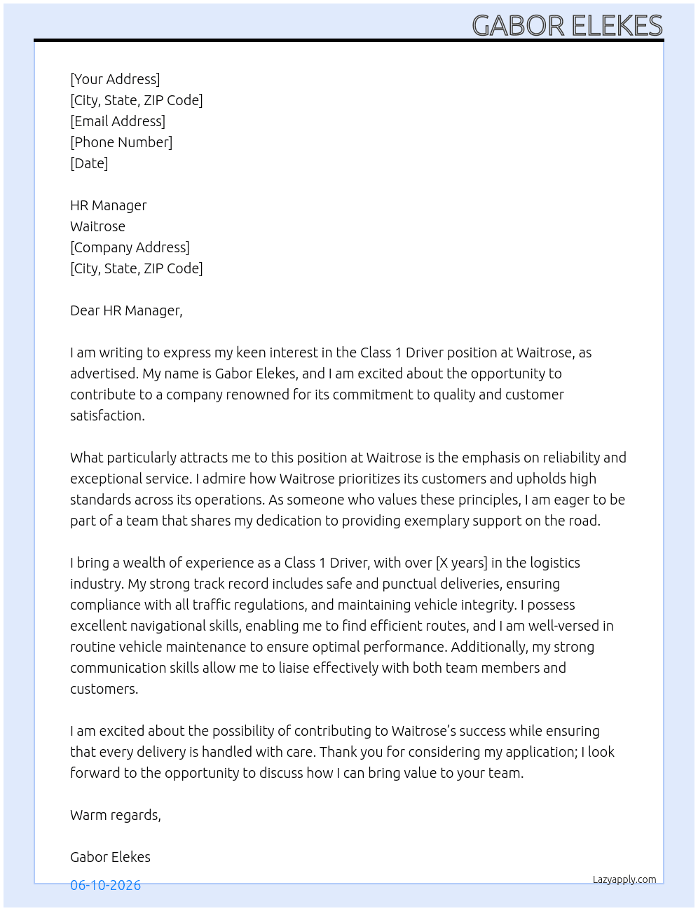 Class 1 Driver At Waitrose  Cover Letter