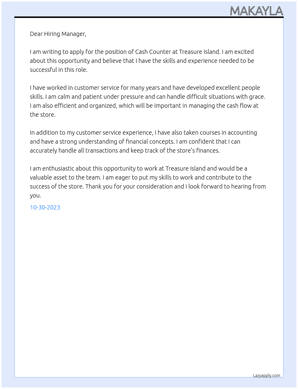 Cash counter At Treasure Island Cover Letter