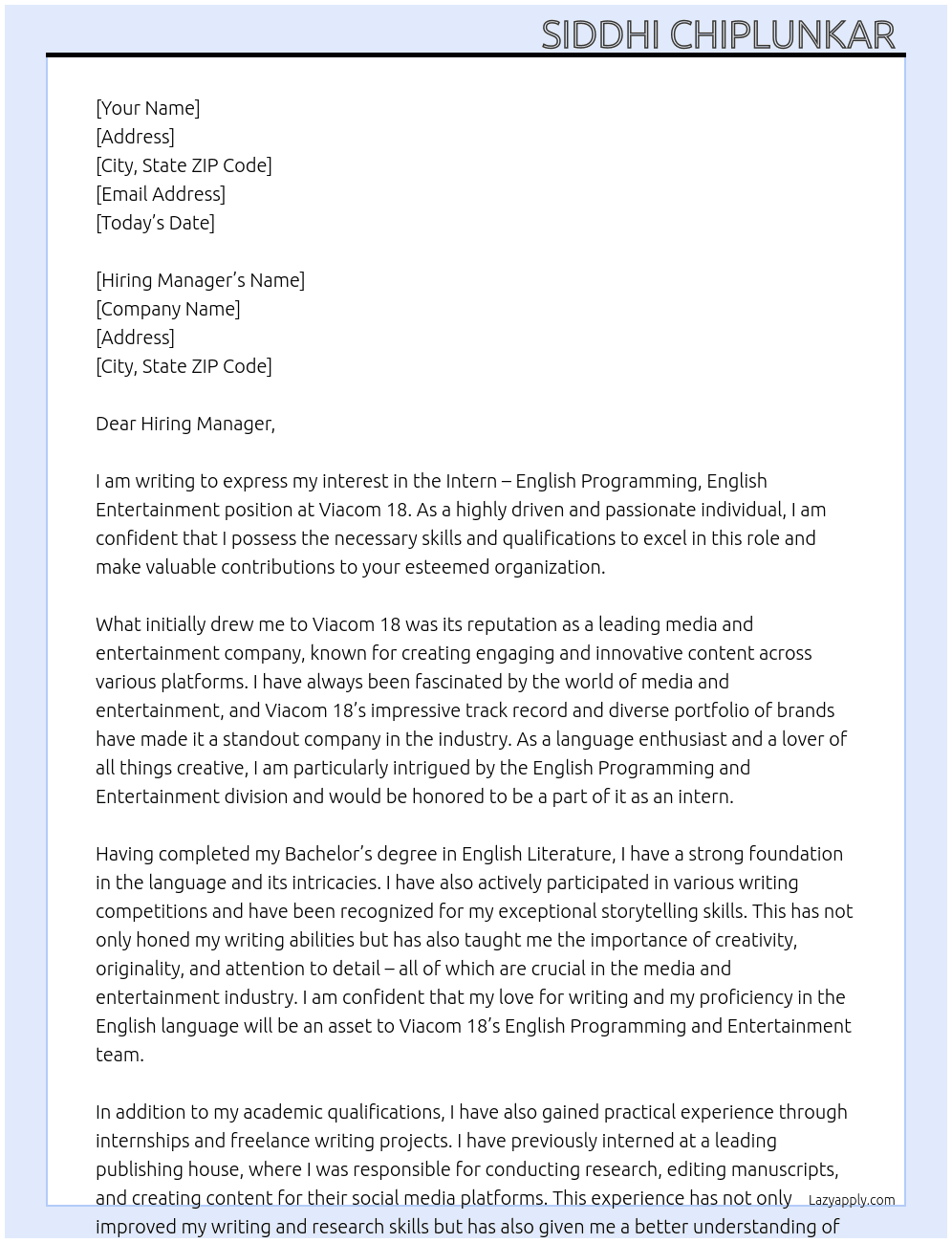Intern – English Programming, English Entertainment At Viacom 18 Cover Letter