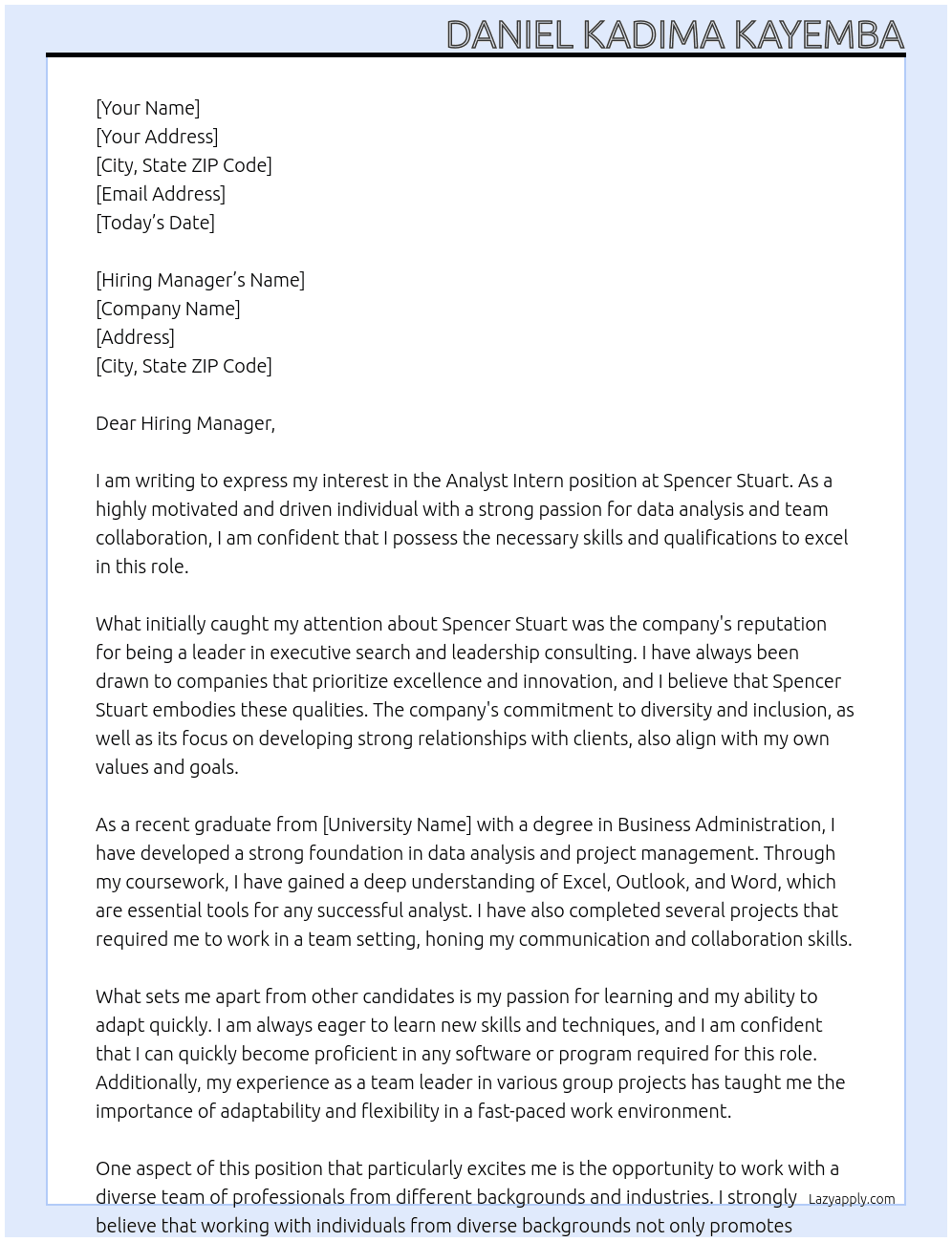 Analyst Intern At Spencer Stuart Cover Letter