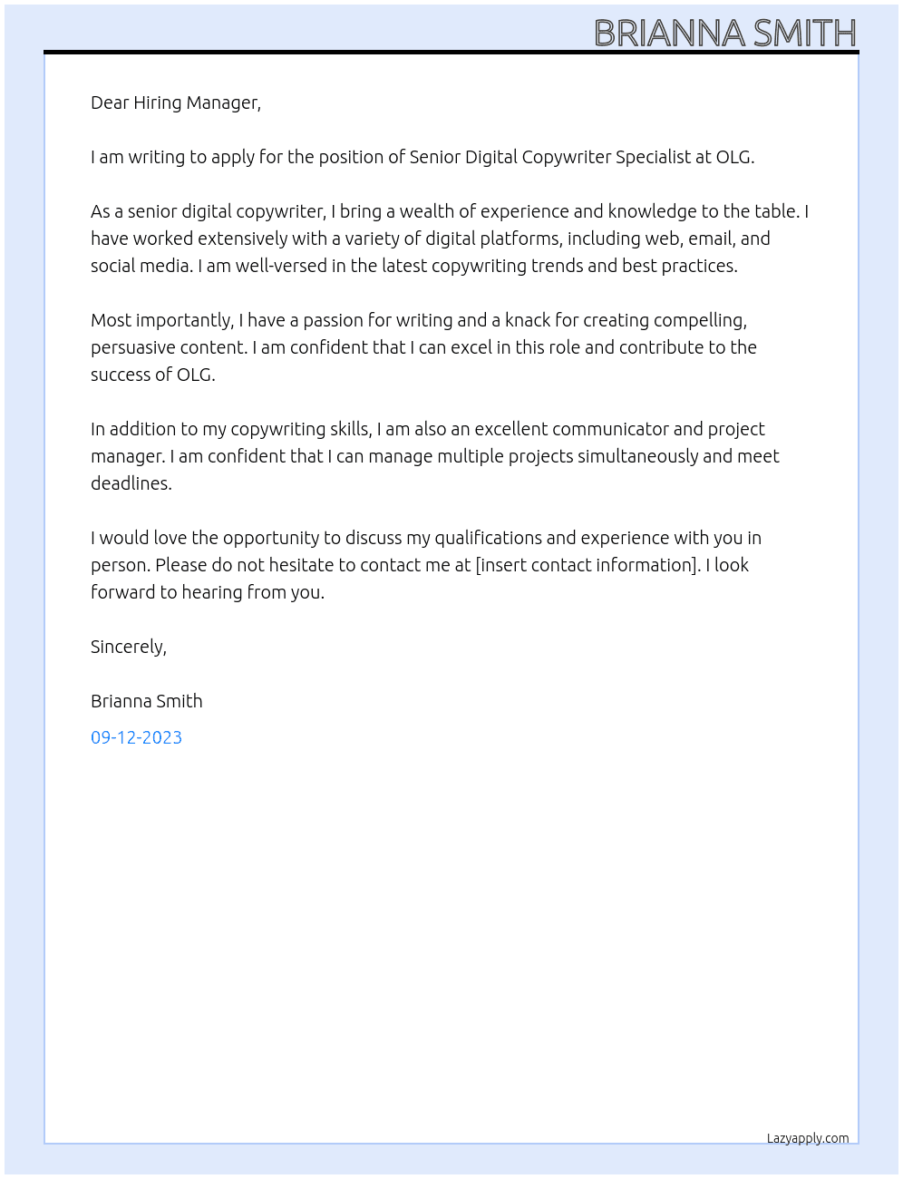 Senior Digital Copywriter Specialist At OLG Cover Letter