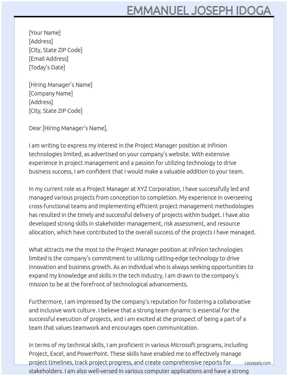 Project Manager  At Infinion technologies limited  Cover Letter