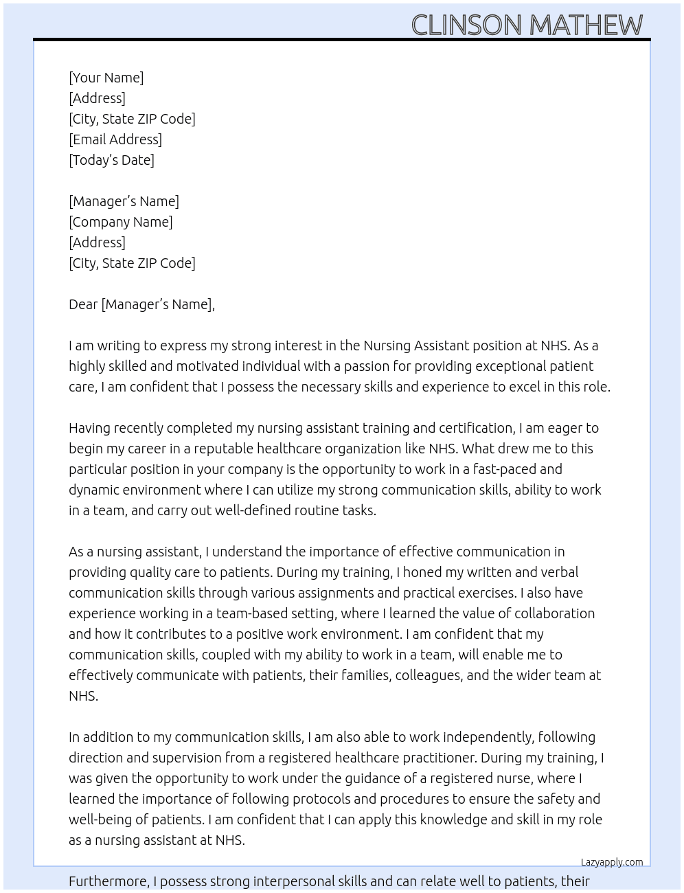 Nursing assistant  At NHS  Cover Letter